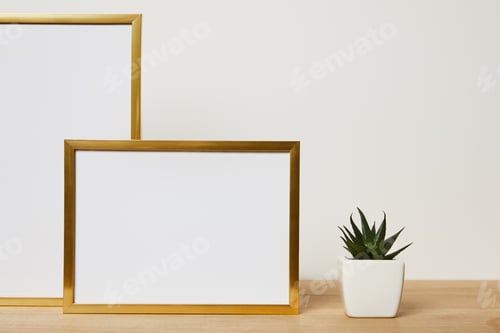 Preview: blank frames near cactus on wooden table at home
