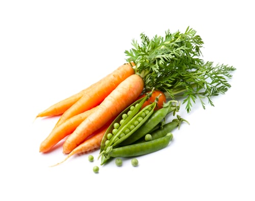 Preview: Carrots with young peas on white backgrounds.