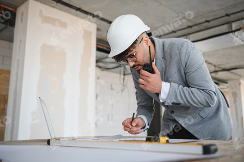 Preview: Arab Architect using walkie talkie and taking notes on construction site