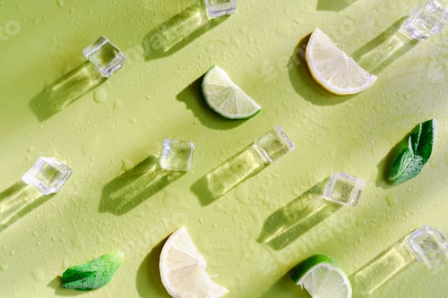 Vista previa: Fresh mint leaf and ice cubes with droplets and lime on green background