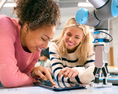 Preview: Two Female College Or University Engineering Students Using Digital Tablet To Control Robot Arm