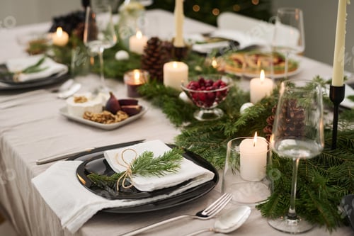 Preview: Plate Garnished with Fir Branch on Festive Table