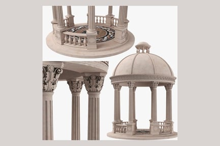 Visualização: Gazebo de Pedra Clássico com Cúpula e Incrustação de Mármore