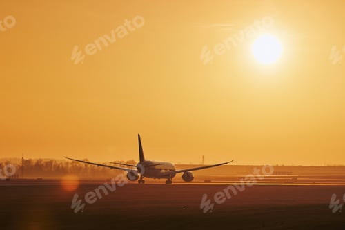 Preview: Traffic at airport. Commercial airplane on runway at golden sunset.