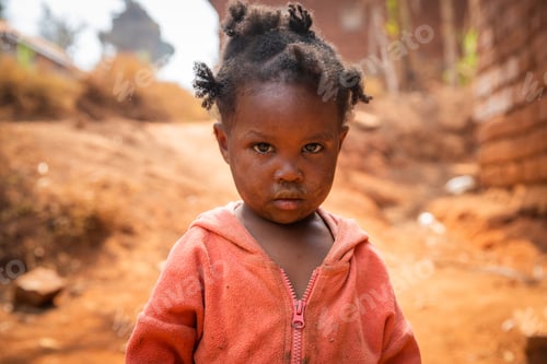 Preview: Poor little girl wearing dirty clothes in an African village, poverty and crisis concept.