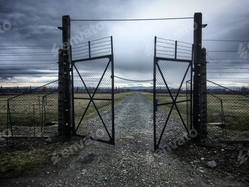 Preview: old rusty gate and fence in dramatic weather conditions