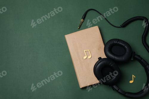 Preview: Book and headphones on dark green background, space for text