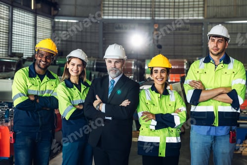 Vista previa: Trabajador de pie en la fábrica. Personal del grupo de pie en una fábrica de ingeniería.