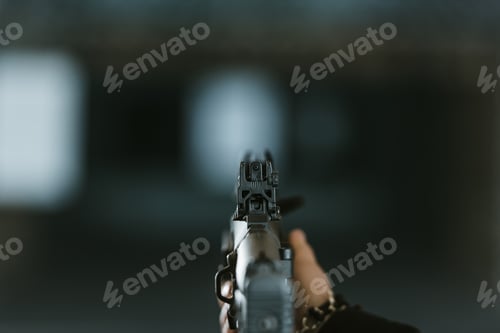 Preview: cropped image of man aiming rifle at target in shooting range