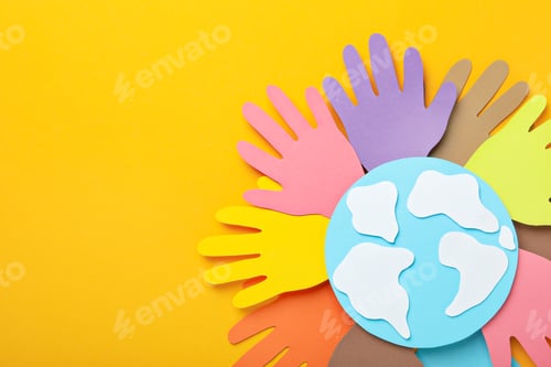 Preview: Colorful Hand Prints Frame Globe on Yellow