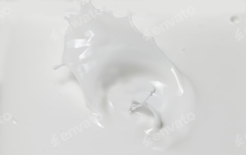 Preview: Fresh milk pouring making a crown splash in a milk pool. Top view, isolated on grey-white background