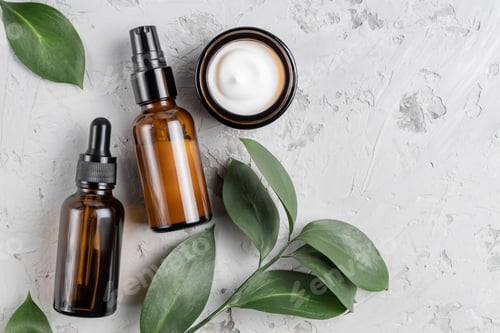 Preview: A set of cosmetic products in dark glass on a concrete background with green leaves Natural organic
