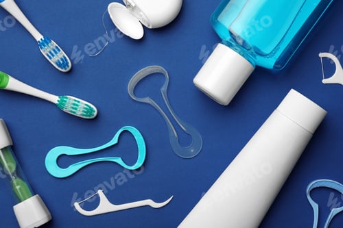 Preview: Flat lay composition with tongue cleaner on color background