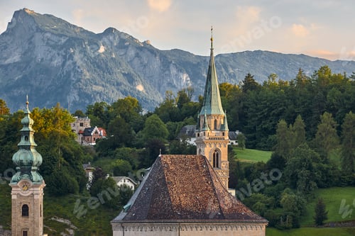 Preview: PIcturesque Salzburg city old town skyline. Franciscan Church. Austria, Europe