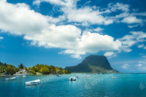 Preview: View of the mountain in Le Morne Brabant and the bay with boats on the island of Mauritius in the
