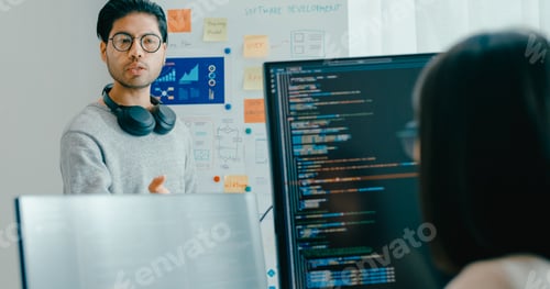 Preview: Asia male female software developers mentor leader manager talk strategy plan to executive.