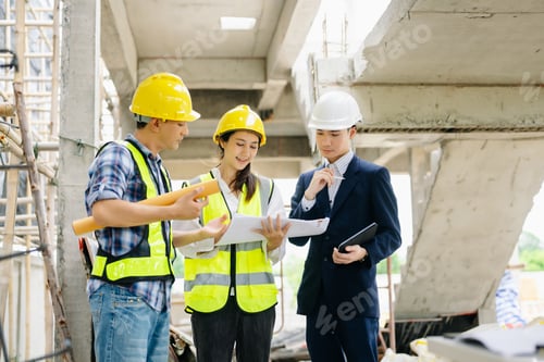 Preview: Contractor and architect looking at plan, tablet, laptop and talking about working on big project.