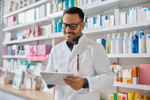 Preview: Happy pharmacist working on digital tablet in a pharmacy.