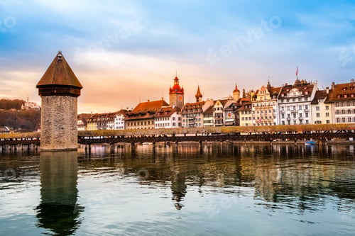 Preview: Old town of Lucerne, Switzerland at sunset in winter