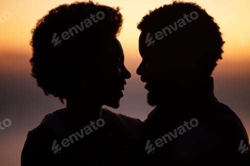 Preview: Sunset, love and silhouette of black couple in nature for romance, bonding and happiness. Sunrise,