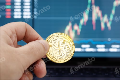 Preview: Hand holding a Filecoin crypto coin