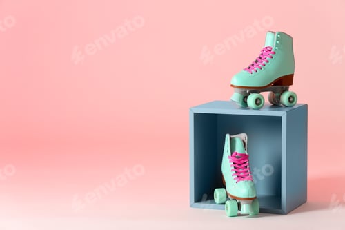 Preview: Pair of vintage roller skates and storage cube on color background. Space for text