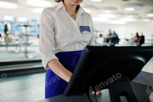 Preview: Waiter girl working with pos terminal or cashbox at cafe. People and service concept