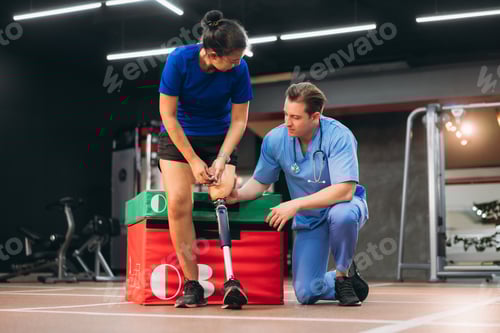 Preview: Therapist Assisting Woman with Prosthetic Leg in Gym