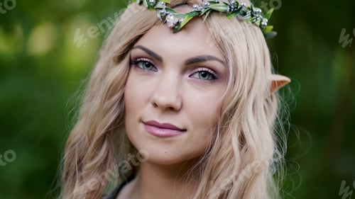 Preview: Portrait of young woman in cosplay elf clothes with make-up on green background.