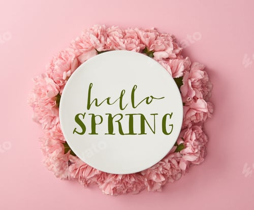 Preview: top view of white plate with hello spring lettering and wreath of pink carnations on pink background