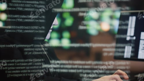 Vista previa: Hooded hacker breaking security system at data hologram closeup. Man pointing