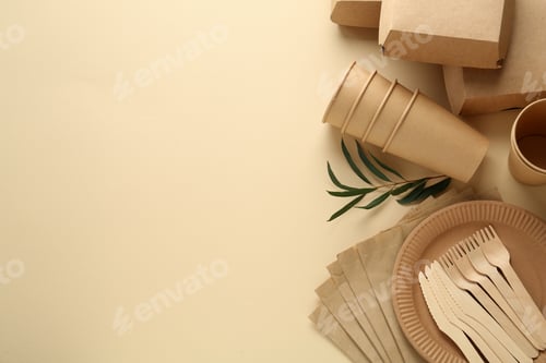 Preview: Flat lay composition with eco friendly products on beige background, space for text