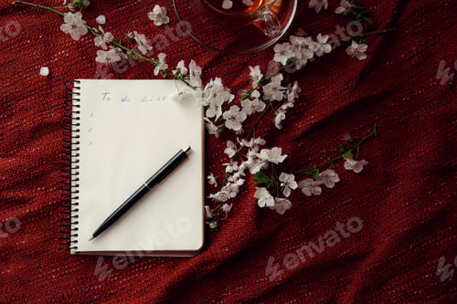 Preview: Time for tea, empty notebook, pen and cherry flowers on table