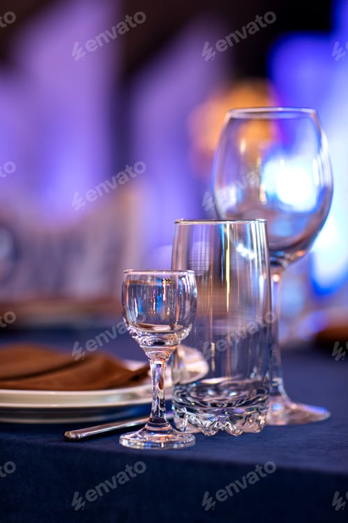 Preview: Festive Christmas, wedding, birthday table setting with blue tablecloth, orange napkin cutlery, w