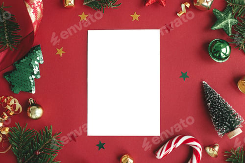 Preview: Christmas card flat lay. Empty postcard template, space for text. Merry Christmas! Happy Holidays!