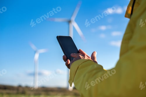 Preview: The specialist in yellow uses a gadget to control the parameters of wind turbines.