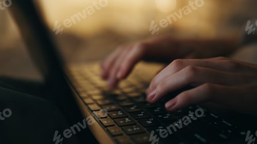 Preview: Hands typing keyboard night closeup. Late manager freelancer working computer