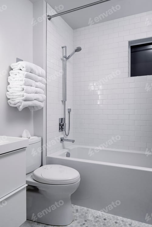 Preview: Bathtub, toilet and shower in modern bathroom