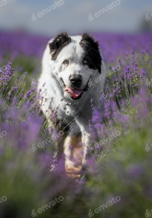 Preview: Happy black and white Alabai dog running joyfully through a blooming lavender