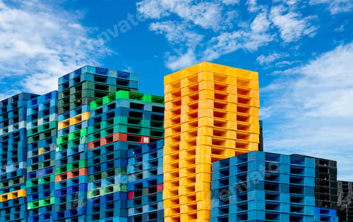 Preview: Pile of plastic shipping pallet. Industrial plastic pallet stacked at factory warehouse. Cargo