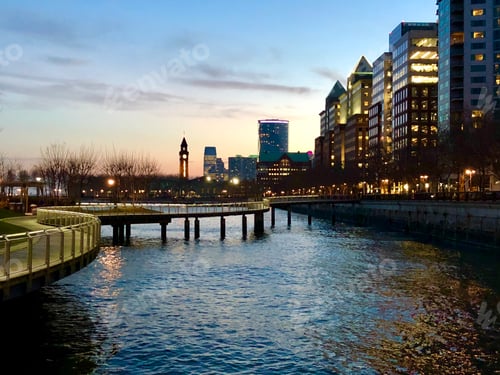 Preview: Hoboken, New Jersey evening cityscape.