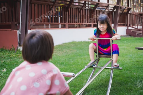 Preview: Two girl siblings playing teeter totter rocking with joy. Asian child have sweet smile.