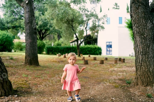 Preview: Little girl walks in a clearing near stumps in the courtyard