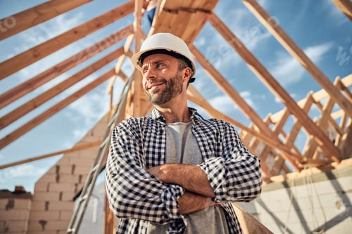 Preview: Pleased man in a hard hat posing under a wooden roof