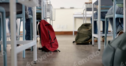 Preview: Classroom, backpack and education in school, students and low angle of learning of kids in academy.
