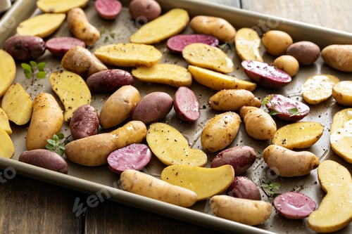 Preview: Yellow and purple fingerling potatoes on a baking sheet
