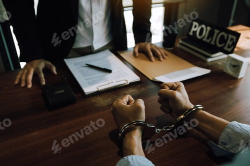 Preview: Police officers stand to make allegations about cyberbullying offenses at office room.