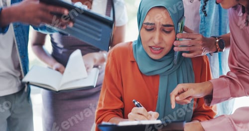 Preview: Phone call, busy and Muslim woman signing documents, corporate anxiety and management stress. Tired