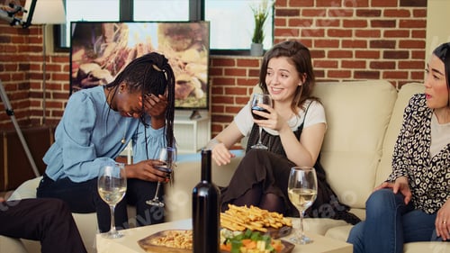 Preview: Company workers celebrating business success at work, throwing apartment party in cozy living room