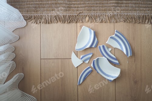 Preview: Broken porcelain pieces scattered on wooden floor
